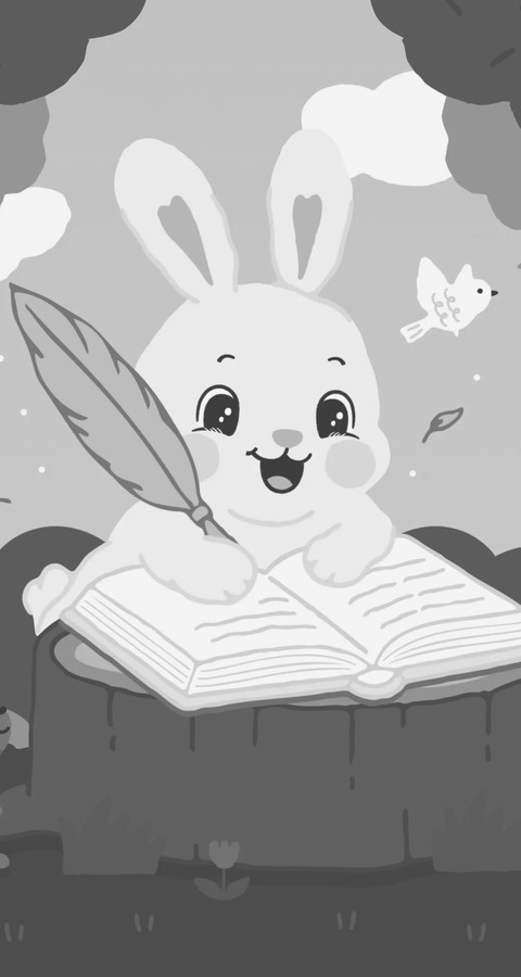 Lovely Tales illustration: a smiling bunny writing a story in an open book with a golden quill, on a tree stump in a forest
